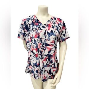 🩺 Barco One Women’s Scrub Top Large Geometric Floral V-Neck